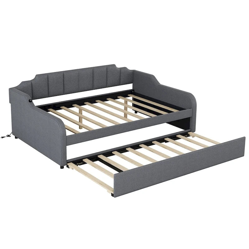 Full Size Upholstery Daybed with Trundle and USB Charging Design,Trundle can be flat or erected