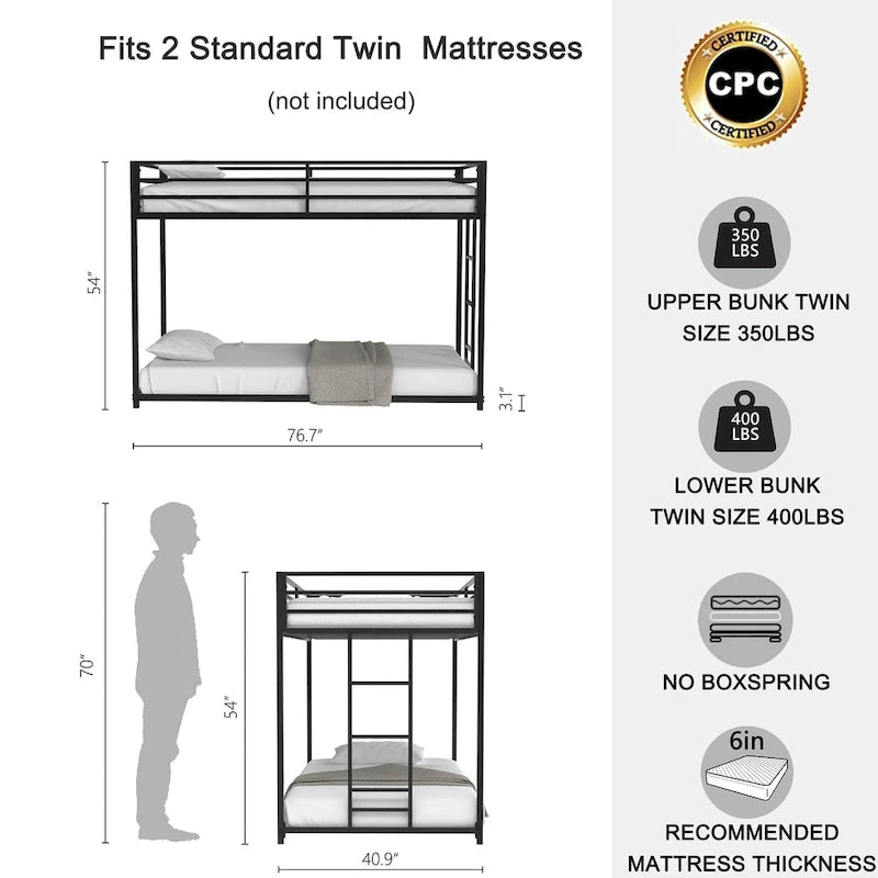 Twin over Twin Metal Bunk For Bedroom