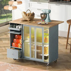 LED Wood 44.03 in. Kitchen Island with Flip Doors Sliding Glass Doors