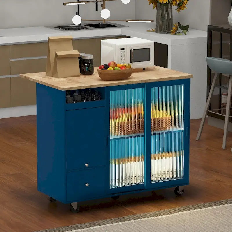 LED Wood 44.03 in. Kitchen Island with Flip Doors Sliding Glass Doors