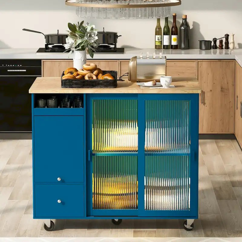 LED Wood 44.03 in. Kitchen Island with Flip Doors Sliding Glass Doors