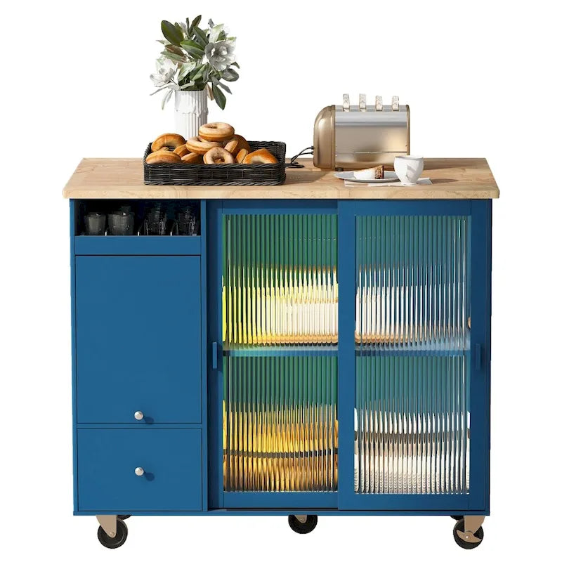 LED Wood 44.03 in. Kitchen Island with Flip Doors Sliding Glass Doors