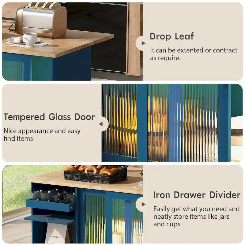 LED Wood 44.03 in. Kitchen Island with Flip Doors Sliding Glass Doors