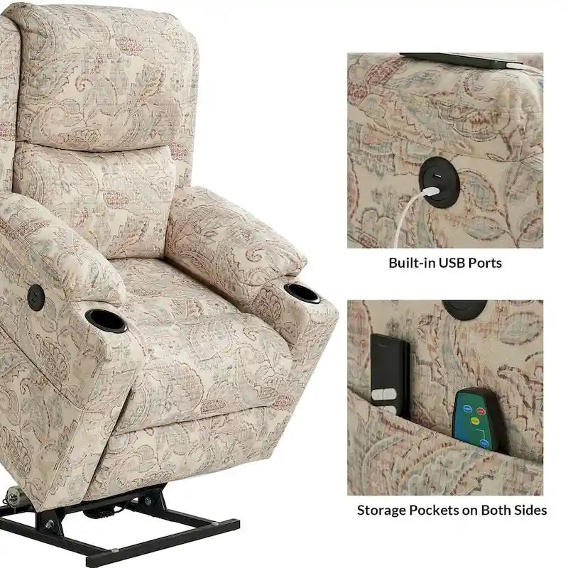 Larry Traditional Floral Dual Motor Heated Lift Assist Power Recliner with Massage Set of 2 by