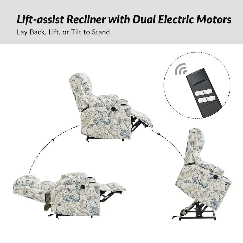 Larry Traditional Floral Dual Motor Heated Lift Assist Power Recliner with Massage Set of 2 by