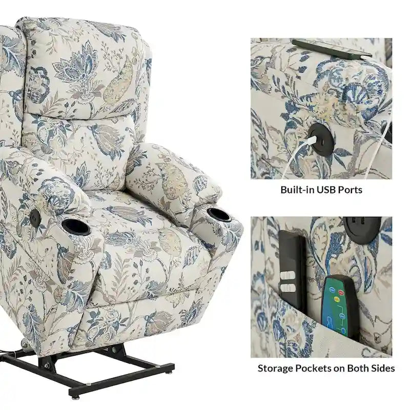 Larry Traditional Floral Dual Motor Heated Lift Assist Power Recliner with Massage Set of 2 by
