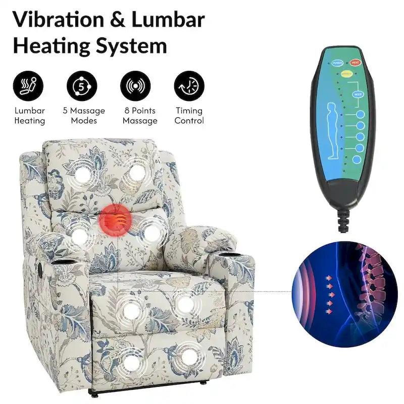 Larry Traditional Floral Dual Motor Heated Lift Assist Power Recliner with Massage Set of 2 by