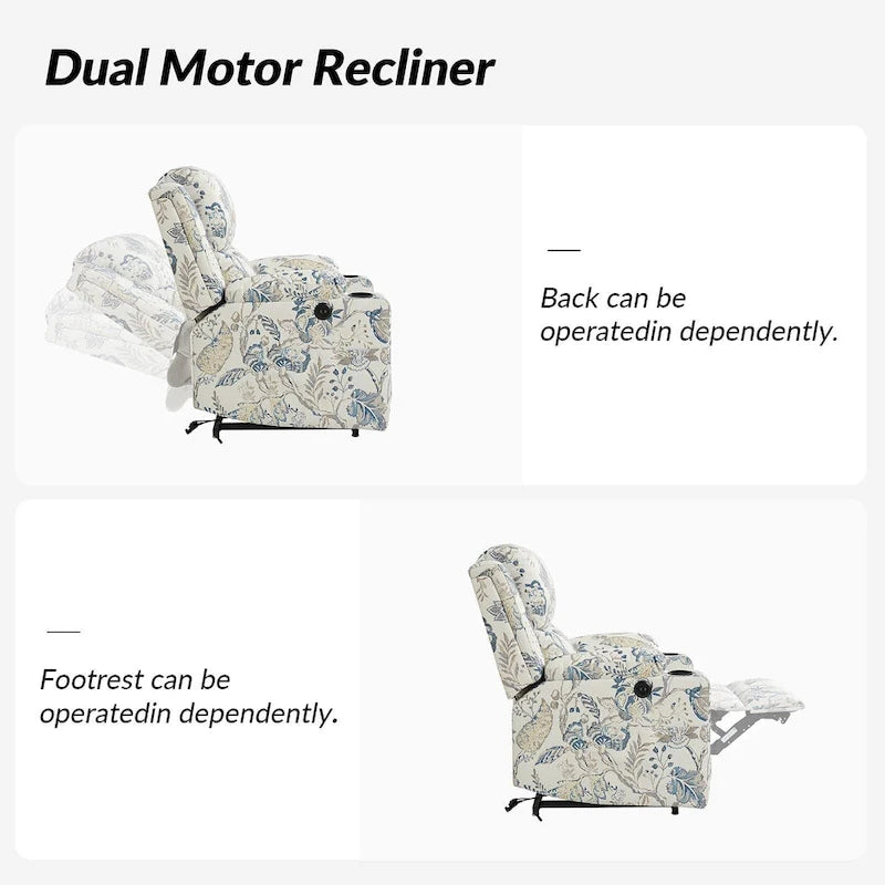 Larry Traditional Floral Dual Motor Heated Lift Assist Power Recliner with Massage Set of 2 by