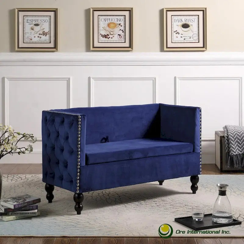 Modern Velvet Tufted Nailhead Storage Settee Loveseat