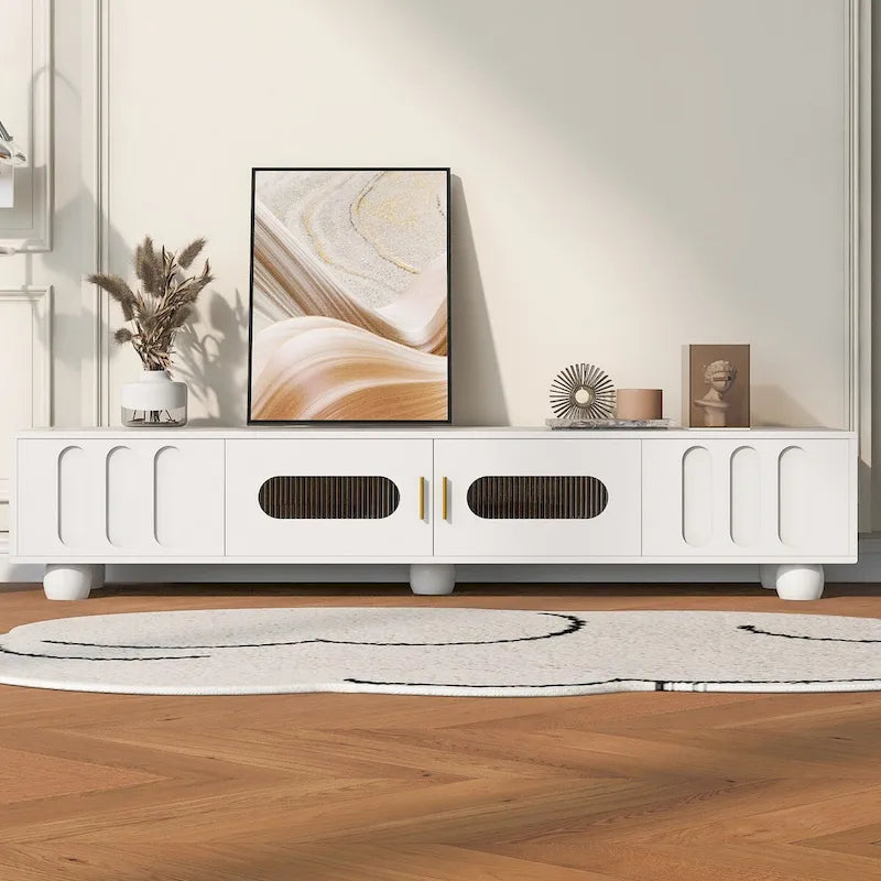 Modern TV Stand with Glass Door 2 Drawers and Cabinets for TVs up to 80 Inches