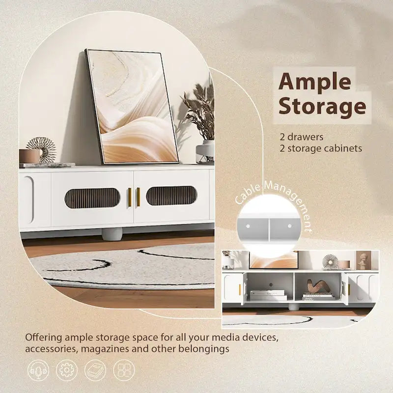 Modern TV Stand with Glass Door 2 Drawers and Cabinets for TVs up to 80 Inches