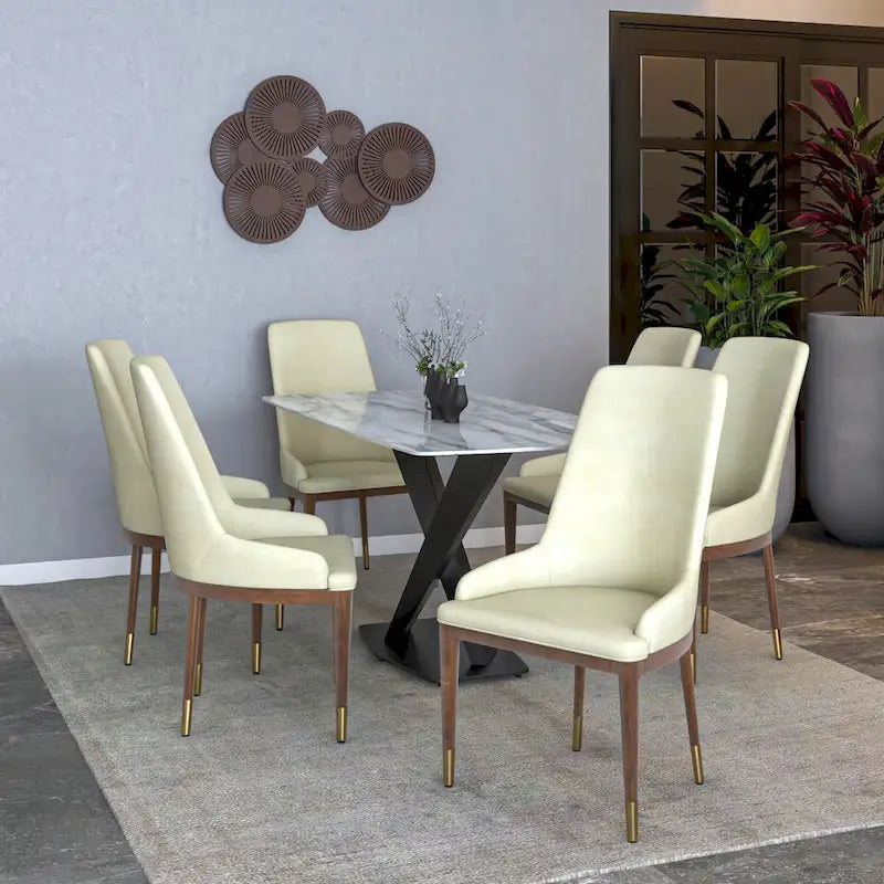 Upholstered Leather Dining Chair with Rubberwood Frame Side Chair High Back and Gold Accent Legs for Living Room