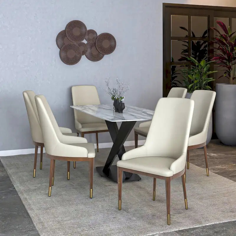 Upholstered Leather Dining Chair with Rubberwood Frame Side Chair High Back and Gold Accent Legs for Living Room