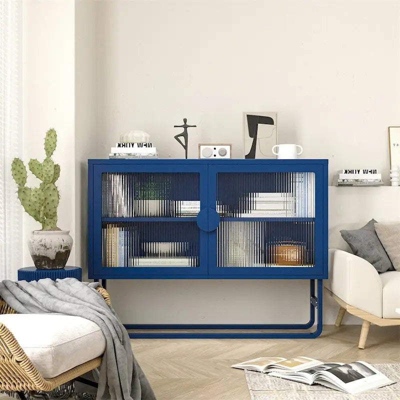 Stylish Tempered Glass Cabinet Credenza with 2 Fluted Glass Doors