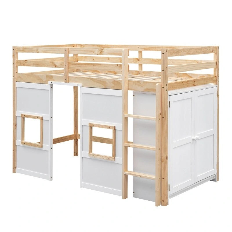 Twin Size Loft Bed with Built-in Storage Wardrobe and 2 Windows