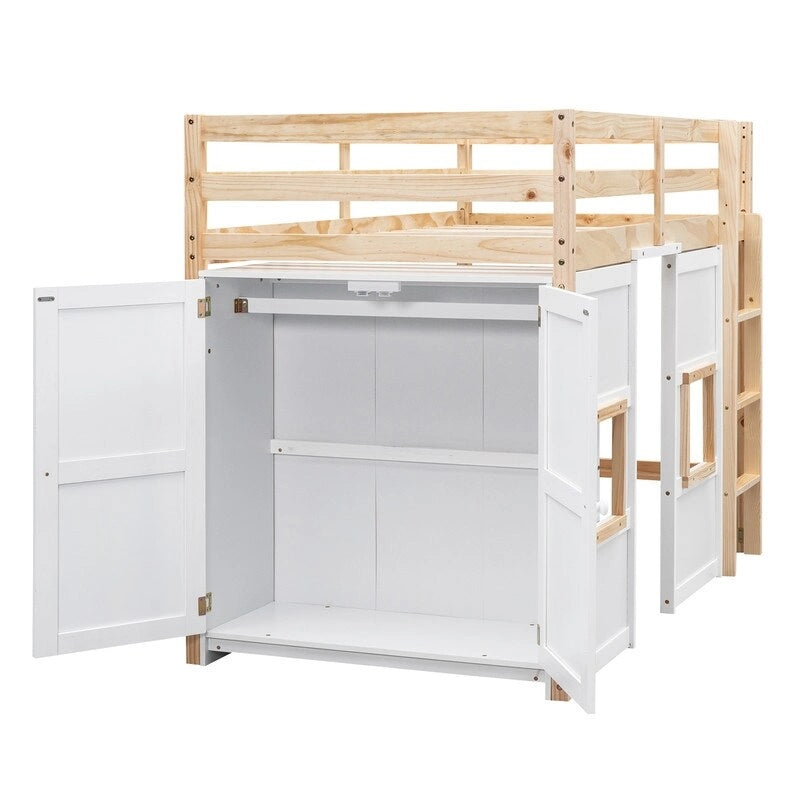 Twin Size Loft Bed with Built-in Storage Wardrobe and 2 Windows