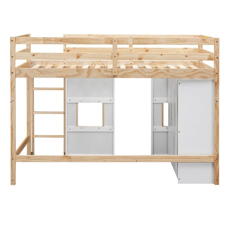 Twin Size Loft Bed with Built-in Storage Wardrobe and 2 Windows