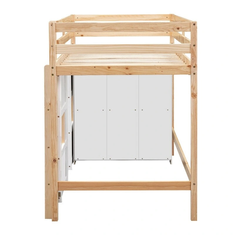 Twin Size Loft Bed with Built-in Storage Wardrobe and 2 Windows
