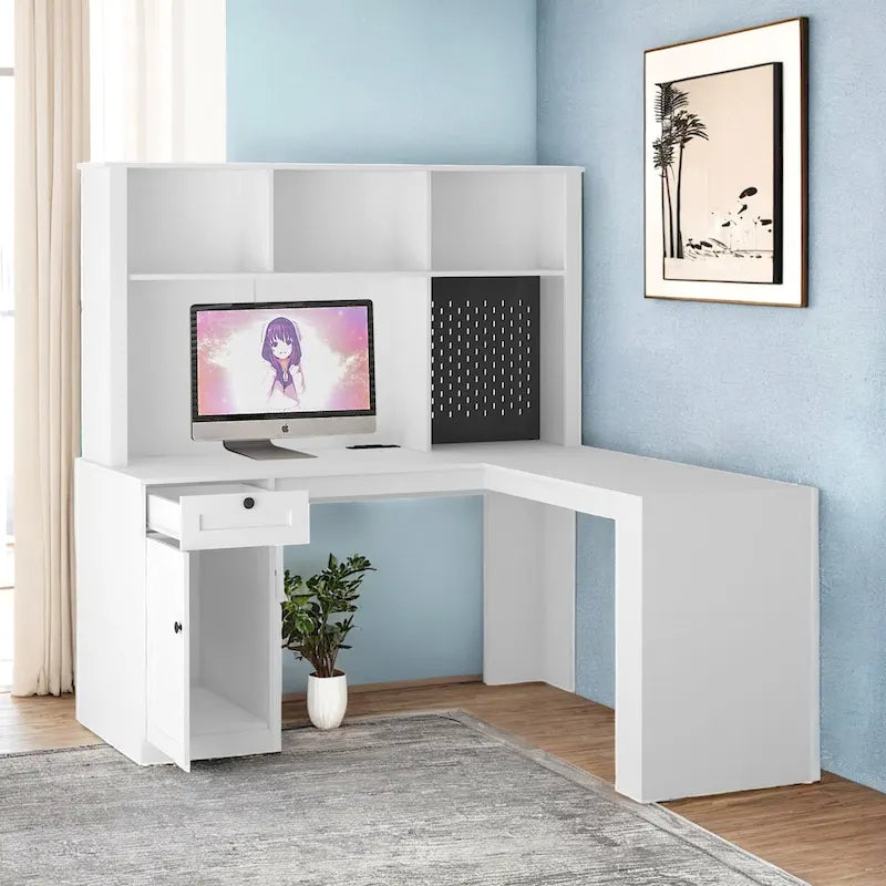 L Shaped Desk with Charger,Computer Desk with Drawers,Bookshelf & Hutchwith LED Light,Modern Corner Desk,Home Office Desk