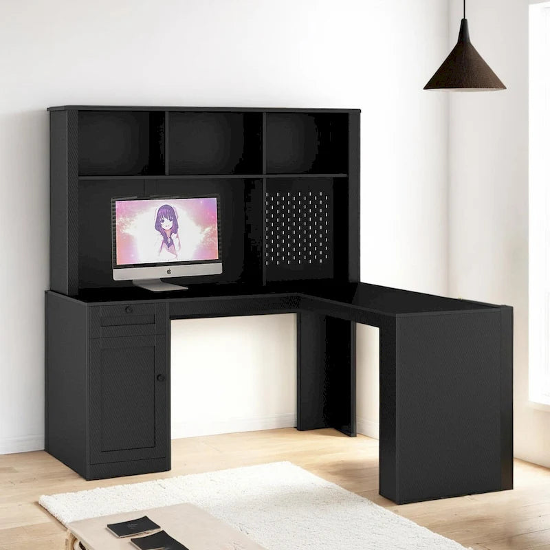 L Shaped Desk with Charger,Computer Desk with Drawers,Bookshelf & Hutchwith LED Light,Modern Corner Desk,Home Office Desk