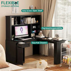 L Shaped Desk with Charger,Computer Desk with Drawers,Bookshelf & Hutchwith LED Light,Modern Corner Desk,Home Office Desk