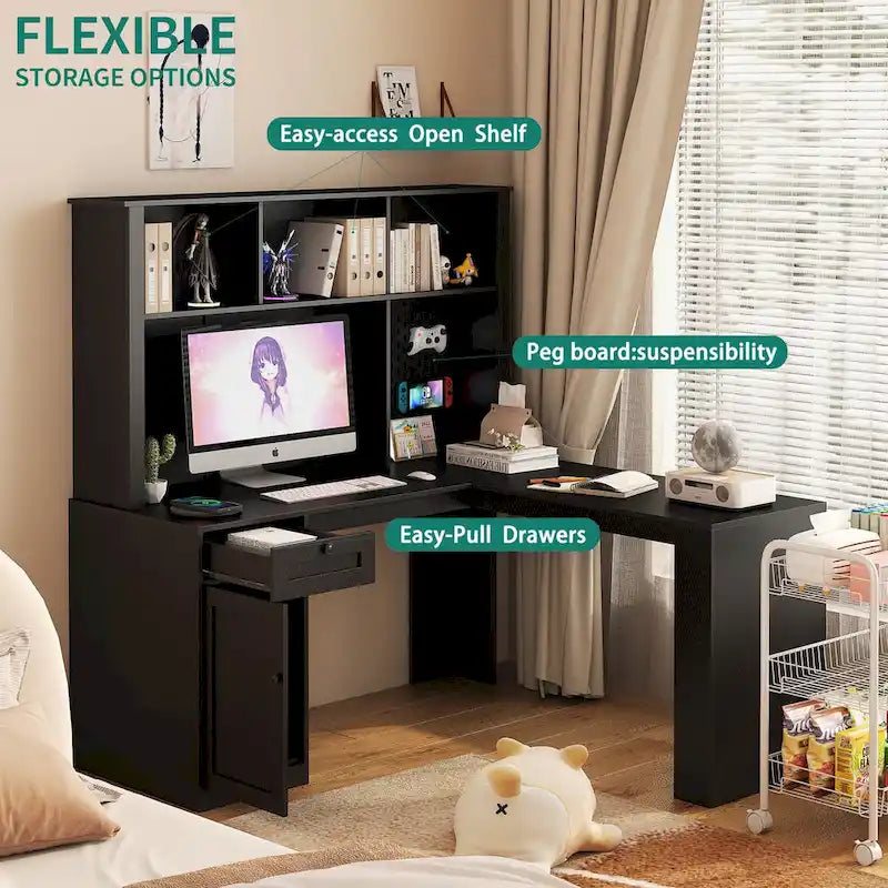 L Shaped Desk with Charger,Computer Desk with Drawers,Bookshelf & Hutchwith LED Light,Modern Corner Desk,Home Office Desk