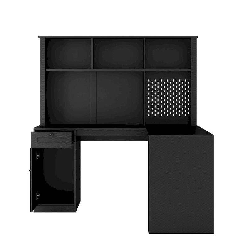 L Shaped Desk with Charger,Computer Desk with Drawers,Bookshelf & Hutchwith LED Light,Modern Corner Desk,Home Office Desk