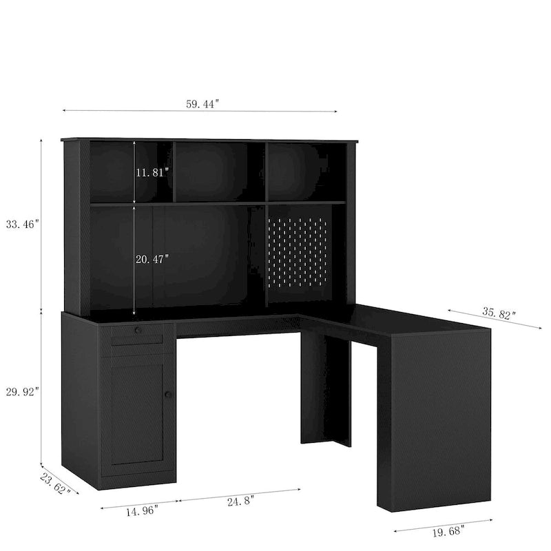 L Shaped Desk with Charger,Computer Desk with Drawers,Bookshelf & Hutchwith LED Light,Modern Corner Desk,Home Office Desk