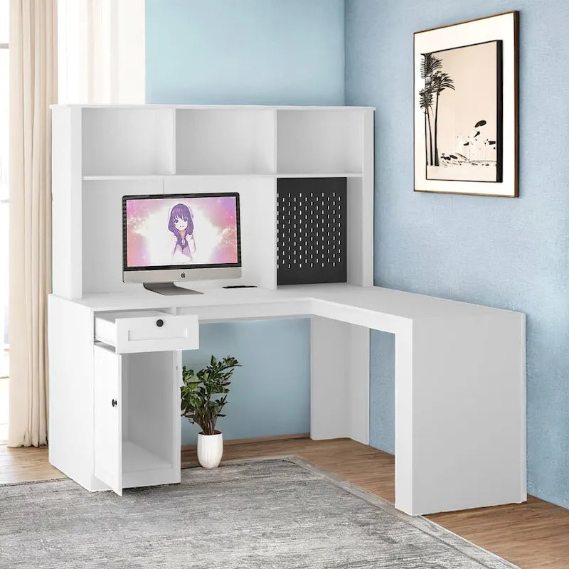 L Shaped Desk with Charger,Computer Desk with Drawers,Bookshelf & Hutchwith LED Light,Modern Corner Desk,Home Office Desk
