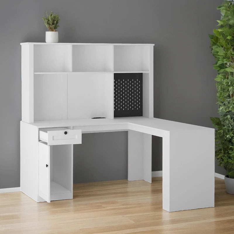 L Shaped Desk with Charger,Computer Desk with Drawers,Bookshelf & Hutchwith LED Light,Modern Corner Desk,Home Office Desk