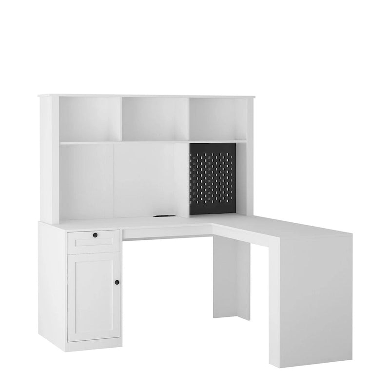 L Shaped Desk with Charger,Computer Desk with Drawers,Bookshelf & Hutchwith LED Light,Modern Corner Desk,Home Office Desk