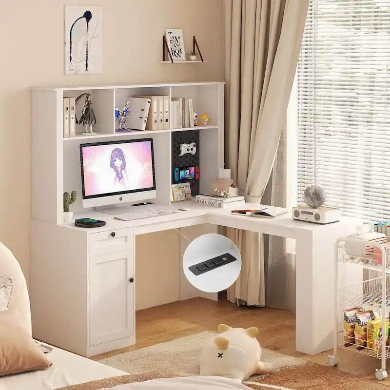 L Shaped Desk with Charger,Computer Desk with Drawers,Bookshelf & Hutchwith LED Light,Modern Corner Desk,Home Office Desk