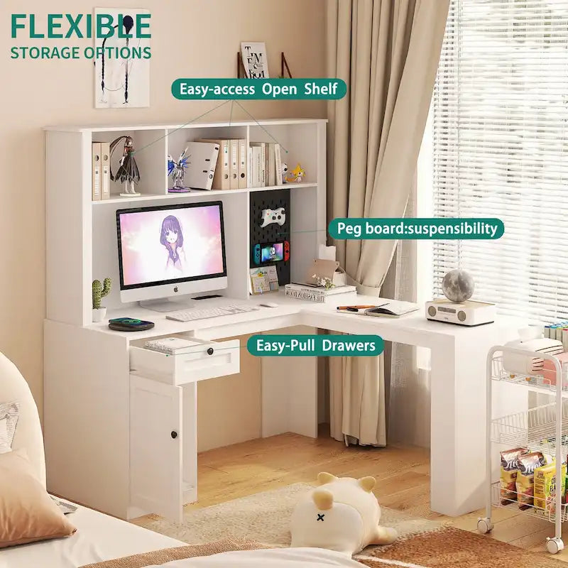 L Shaped Desk with Charger,Computer Desk with Drawers,Bookshelf & Hutchwith LED Light,Modern Corner Desk,Home Office Desk