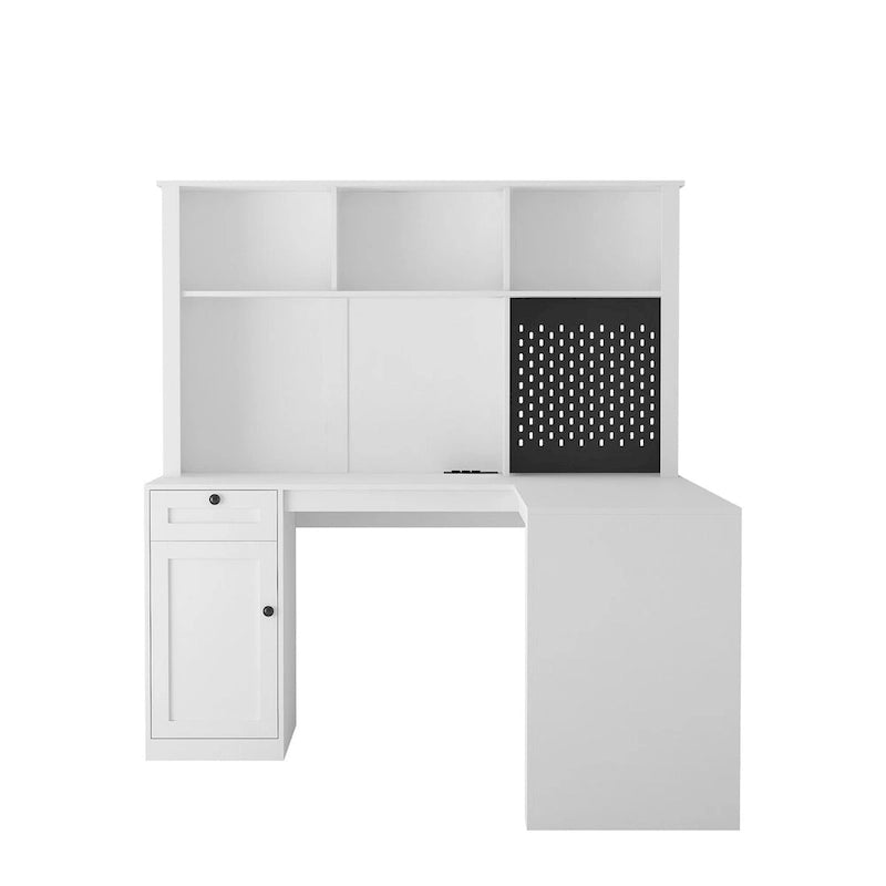 L Shaped Desk with Charger,Computer Desk with Drawers,Bookshelf & Hutchwith LED Light,Modern Corner Desk,Home Office Desk