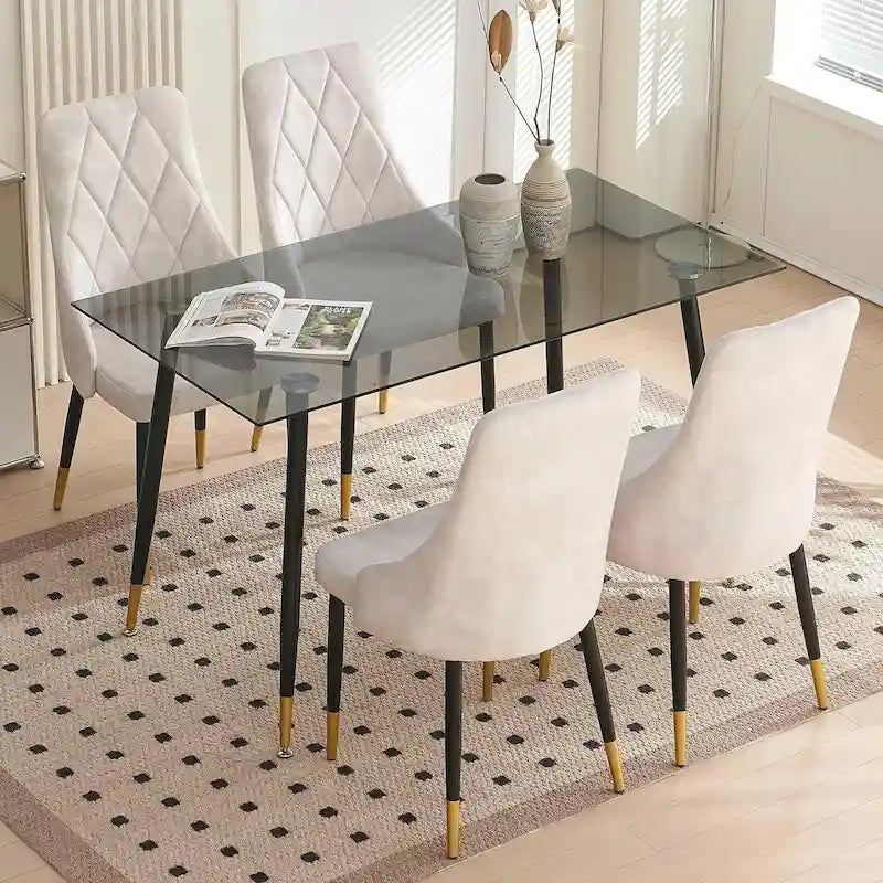 Howtai Grey Glass Table Set with 4 Velvet Chairs for Home Kitchen Dining Room