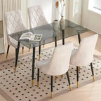 Howtai Grey Glass Table Set with 4 Velvet Chairs for Home Kitchen Dining Room