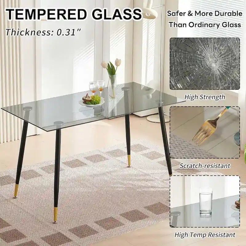 Howtai Grey Glass Table Set with 4 Velvet Chairs for Home Kitchen Dining Room