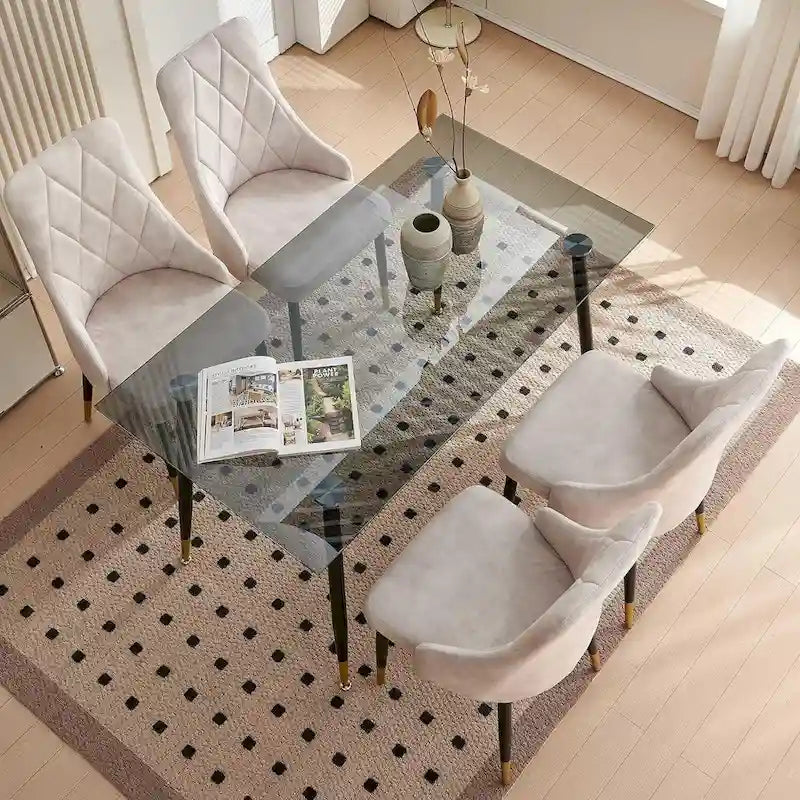 Howtai Grey Glass Table Set with 4 Velvet Chairs for Home Kitchen Dining Room