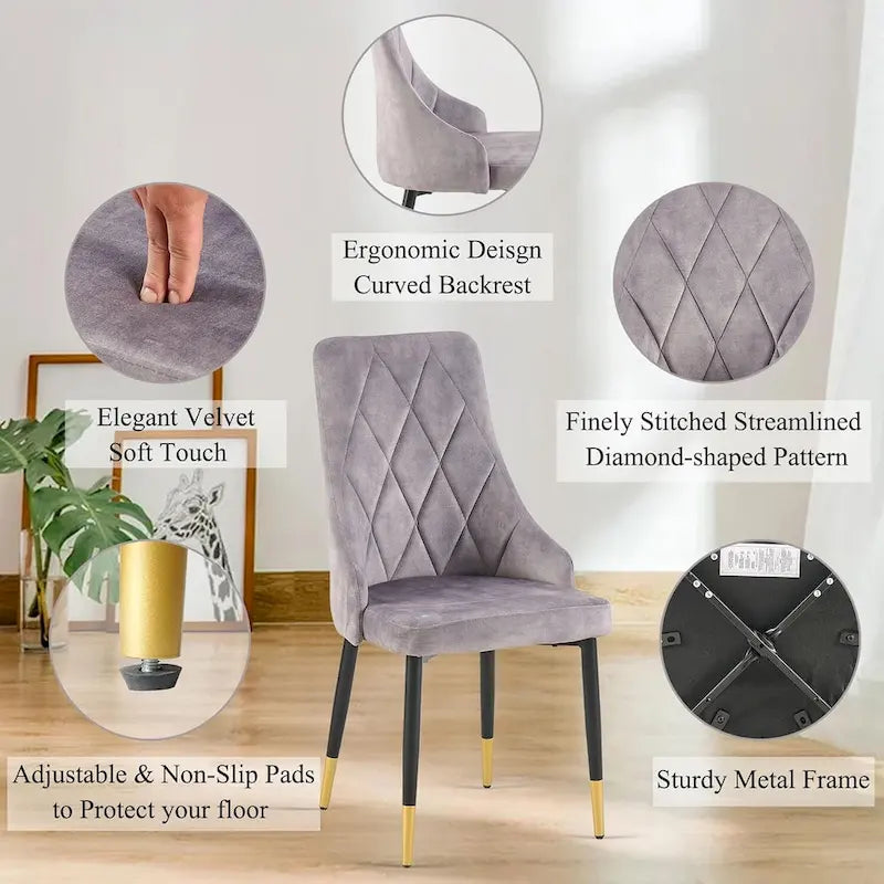 Howtai Grey Glass Table Set with 4 Velvet Chairs for Home Kitchen Dining Room