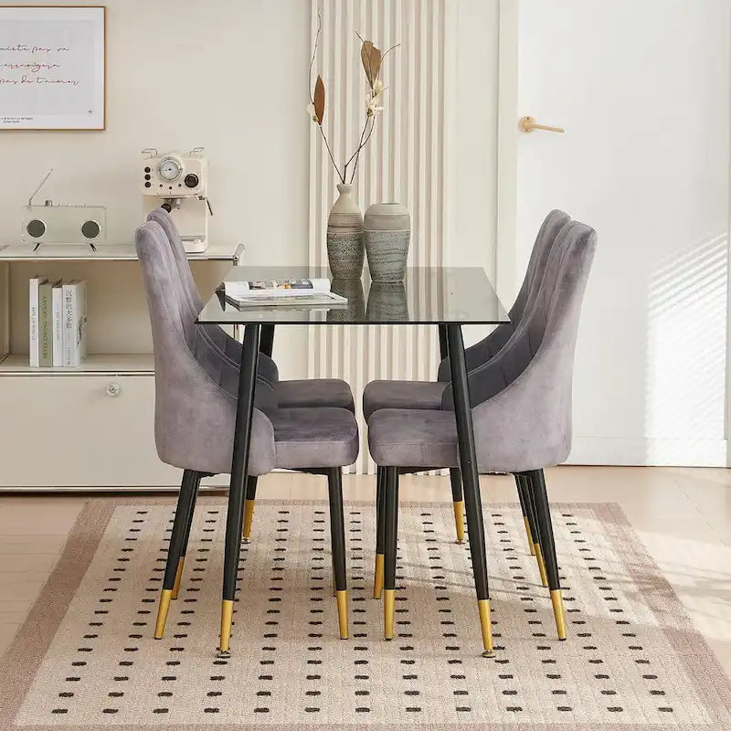 Howtai Grey Glass Table Set with 4 Velvet Chairs for Home Kitchen Dining Room