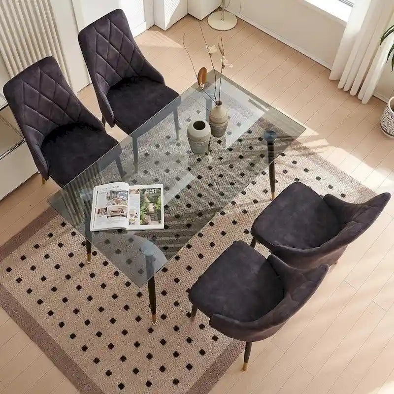 Howtai Grey Glass Table Set with 4 Velvet Chairs for Home Kitchen Dining Room