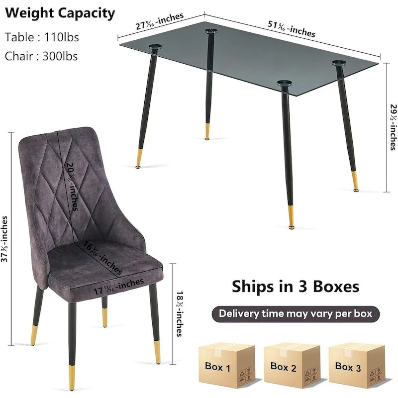 Howtai Grey Glass Table Set with 4 Velvet Chairs for Home Kitchen Dining Room