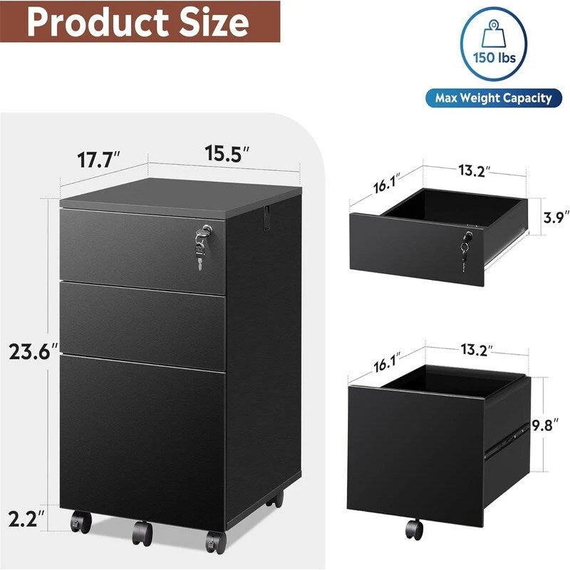 3 Drawer File Cabinet with Lock - 17.7D x 15.5W x 25.8H