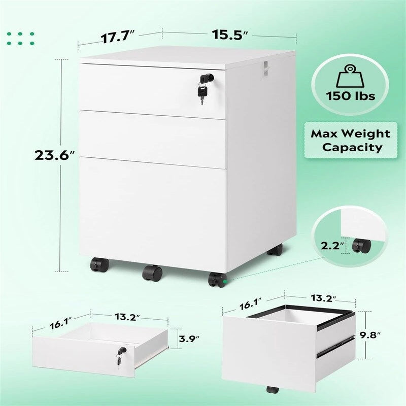 3 Drawer File Cabinet with Lock - 17.7D x 15.5W x 25.8H