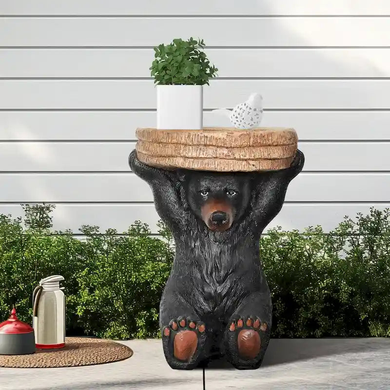 Forest Pedestal Table Rustic Cabin Decor 20.8In H Realistic Bear Table
