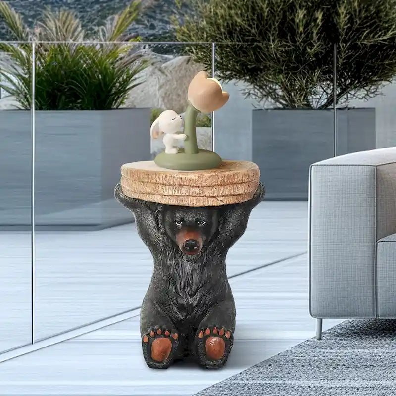 Forest Pedestal Table Rustic Cabin Decor 20.8In H Realistic Bear Table