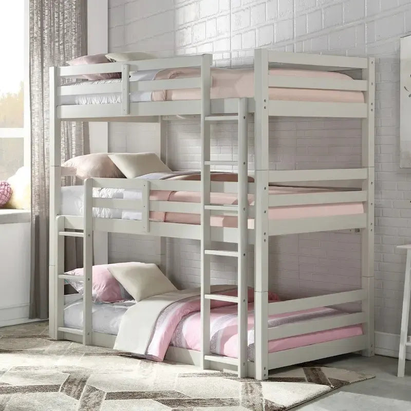 Wooden Twin Size Triple Bunk Bed in Light Gray Finish