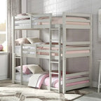 Wooden Twin Size Triple Bunk Bed in Light Gray Finish
