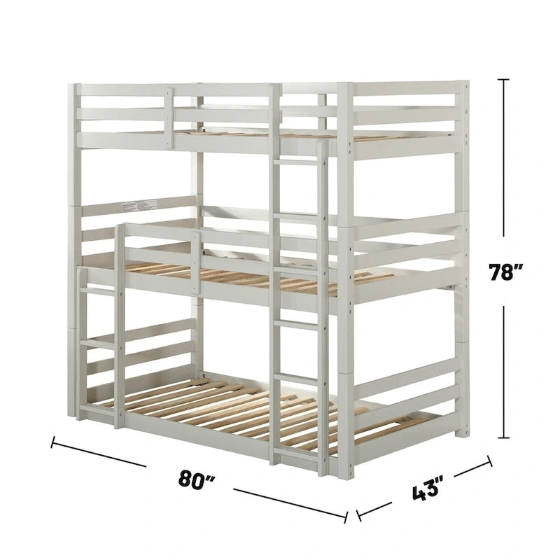 Wooden Twin Size Triple Bunk Bed in Light Gray Finish