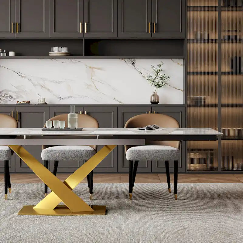 9 - Piece 94.48Rectangular Extendable Sintered Stone Dining Table with 8 Faux leather Chairs Dining Set